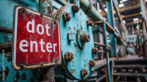 A weathered and rusted 'Do Not Enter' sign on machinery in an old industrial facility, symbolizing restriction and caution.