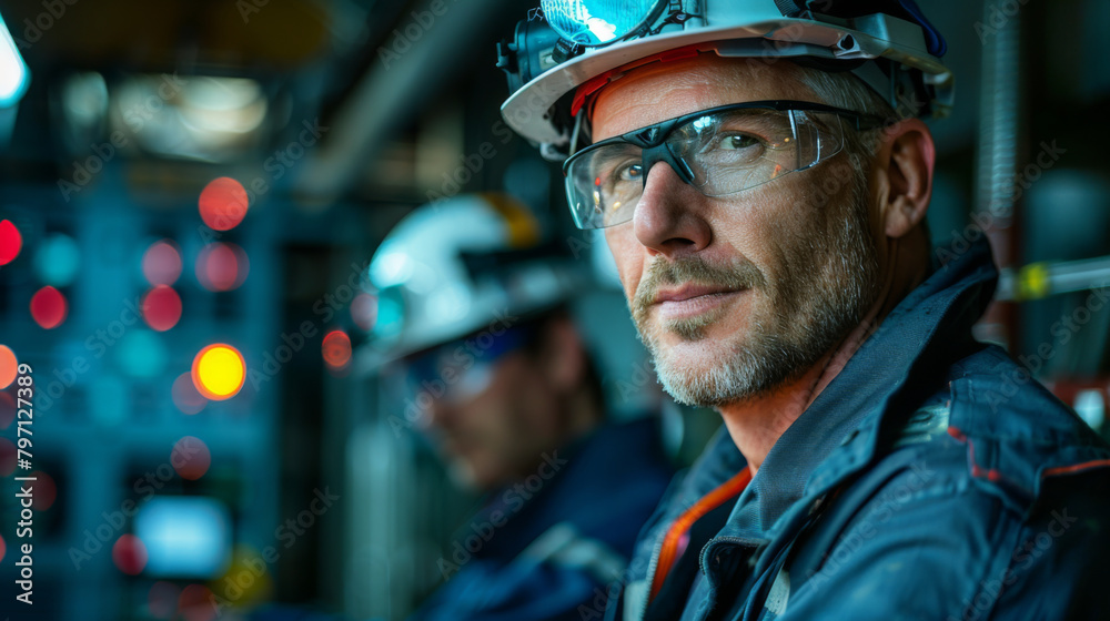 A seasoned industrial engineer with protective eyewear and helmet stands before control panels in a manufacturing plant. A seasoned industrial engineer with protective eyewear and helmet stands before control panels in a manufacturing plant.