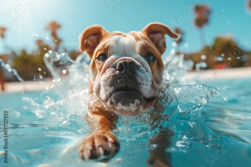 A dog is swimming in a pool. Summer heat concept, background