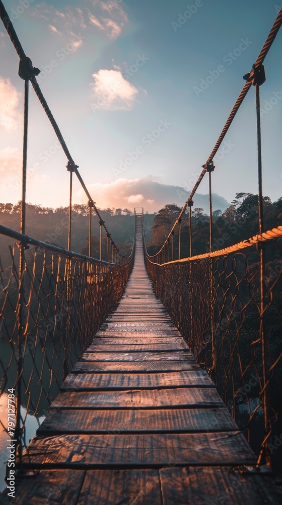 A long suspension bridge with a beautiful sunset in the background.