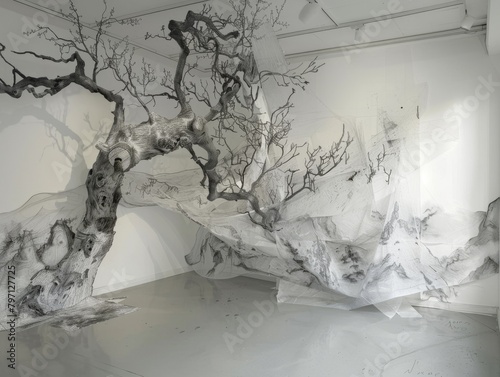 A large-scale sculpture of a tree made of wire and covered in white fabric photo