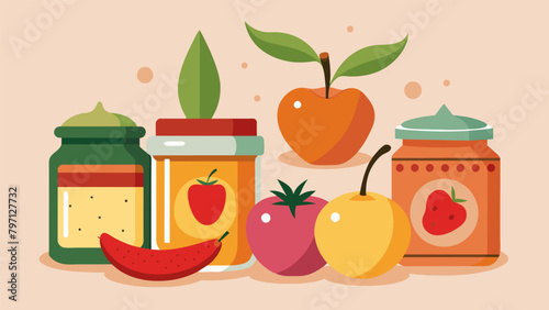 A gourmet collection of relishes featuring unexpected combinations like peach and jalapeno or cranberry and mustard..