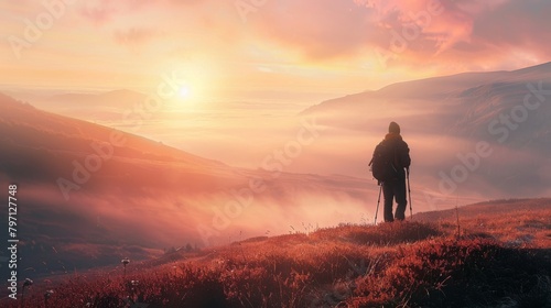 A lone hiker stands on a mountaintop at sunrise.