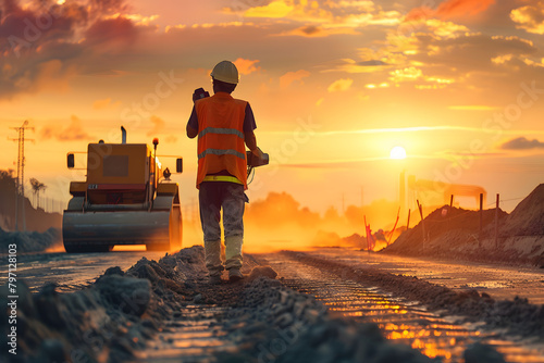 photorealism of Engineers and worker are working on road construction. engineer holding radio communication at road construction site with roller compactor working dust road on during sunset telephoto photo