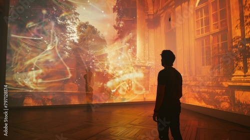 Man standing in front of a large screen with a colorful and abstract image projected on it.