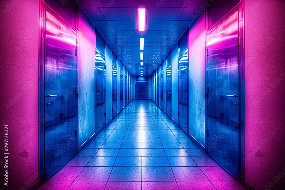 A vibrant hallway illuminated in pink and blue neon lights, featuring reflective doors and a futuristic Pop Art style.