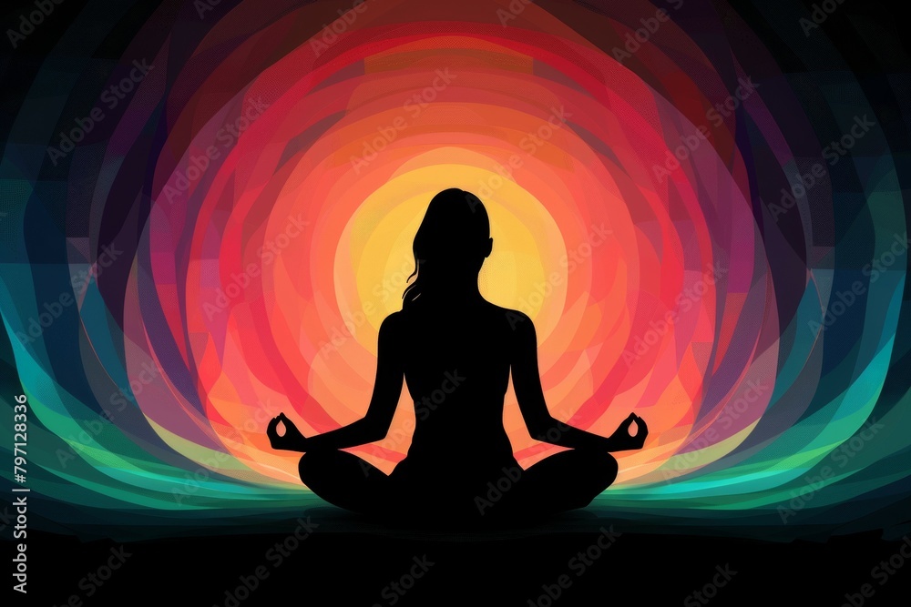 A woman is sitting in a lotus position in a colorful background