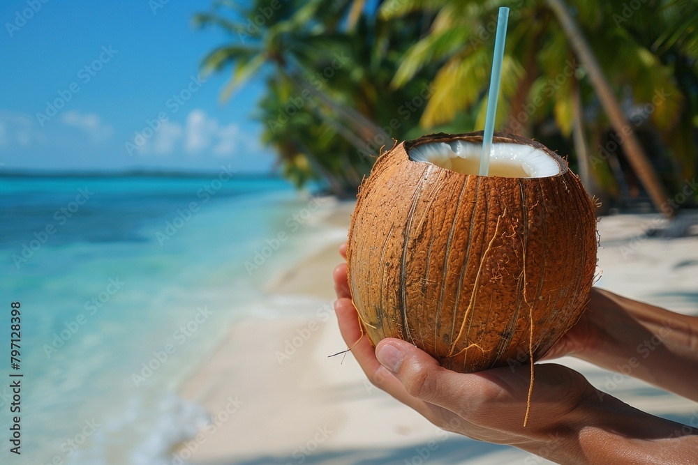 Coconut in hands. Tropical holiday concept. Background with selective focus and copy space