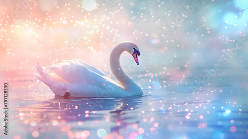 Fototapeta Naklejka Na Ścianę i Meble -  a white swan gliding gracefully on water, surrounded by an enchanting radiant glow.