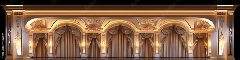 Fototapeta premium Luxurious interior showcasing an Art Deco and Neo-classical style with ornate arches, draped curtains, and intricate ceiling details, illuminated warmly.