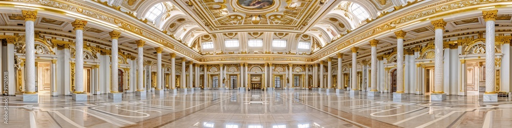 Fototapeta premium Panoramic view of a grand interior featuring ornate gold decorations, columns, and a detailed ceiling in Art Deco and Neoclassical styles.