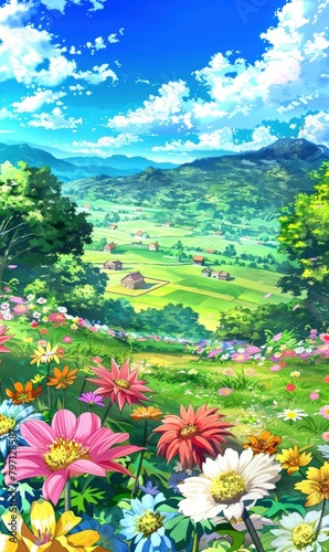 A delightful cartoon background depicting a charming countryside scene  with rolling hills dotted with colorful flowers  quaint cottages nestled among green fields  and a serene blue sky overhead