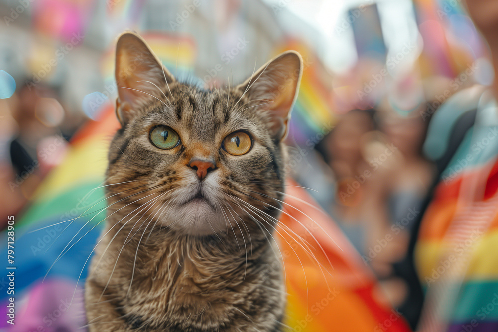 Proud Feline: Close-up of a Cat at a Pride Parade