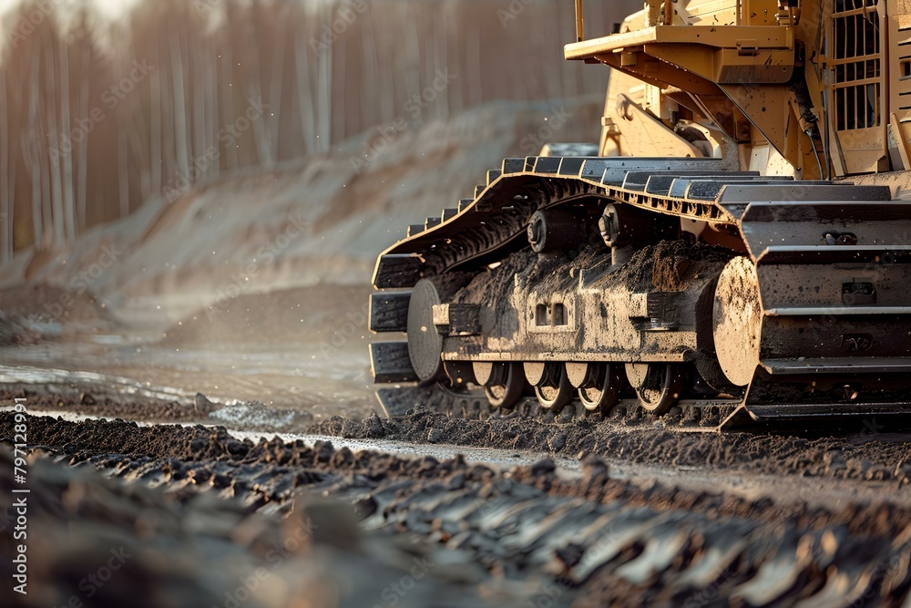 Repairing Asphalt Road at an Industrial Construction Site Using a Bulldozer. Concept Industrial Construction, Asphalt Repair, Bulldozer Operation, Road Maintenance, Heavy Machinery Operation