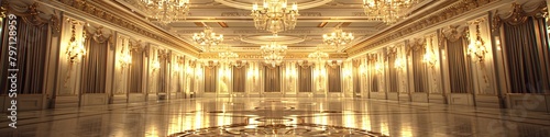 Opulent classicism style interior featuring intricate wall moldings, grand chandeliers, and a luxurious wood floor with symmetric designs. photo