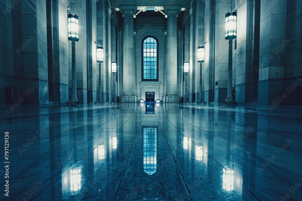 Spacious interior showcasing symmetrical Art Deco design with polished floors, tall columns, and a central window reflecting on the surface. Spacious interior showcasing symmetrical Art Deco design with polished floors, tall columns, and a central window reflecting on the surface.