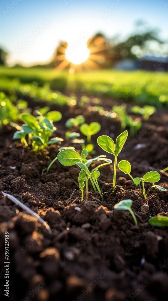 Farm scene with cover crops and no-till practices, focusing on soil preservation, minimalist style, space for text Farm scene with cover crops and no-till practices, focusing on soil preservation, minimalist style, space for text