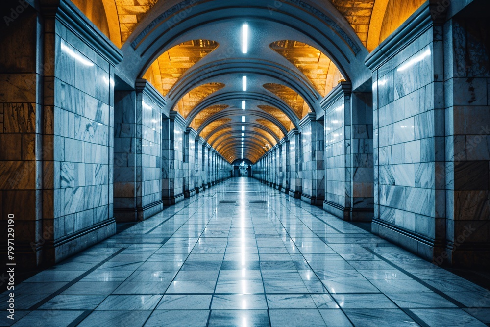 A long, marble corridor with arches, illuminated by warm, symmetrical ceiling lights, showcasing Art Deco influences in its architectural design.