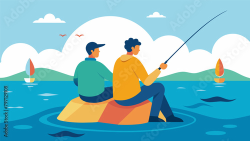 After quarreling over a misunderstanding two friends make amends while casting their lines into the ocean finding peace and reconciliation in the. Vector illustration photo