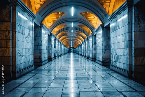 A long, marble corridor with arches, illuminated by warm, symmetrical ceiling lights, showcasing Art Deco influences in its architectural design.