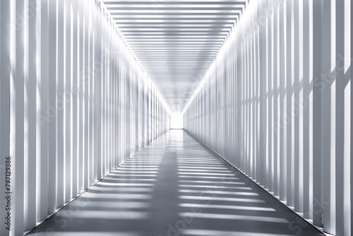A sleek corridor featuring white walls and linear light patterns, embodying a minimalist modern art aesthetic.