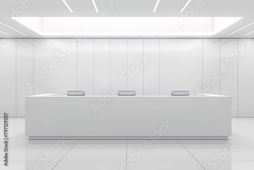 Minimalistic modern art style interior featuring a sleek white reception desk under geometric LED ceiling lights in a white room.