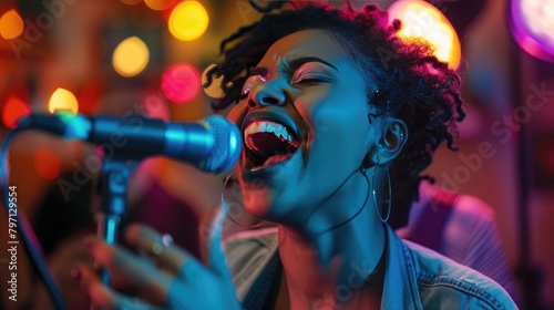 Capture a photo of a carefree lady expressing herself with wild enthusiasm, her mouth wide open, as she joyfully sings while holding a microphone photo
