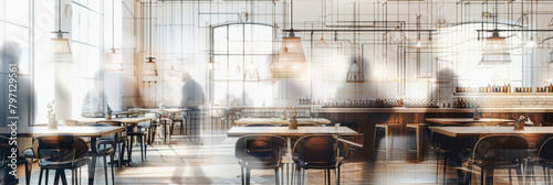 Blurred figures in the restaurant long exposure. An interior design drawing of the restaurant