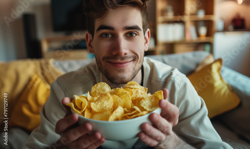 The view shows a young man holding a bowl of potato chips on a couch at home