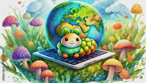 oil painting style  CARTOON CHARACTER CUTE baby green caterpillar game of lap top 