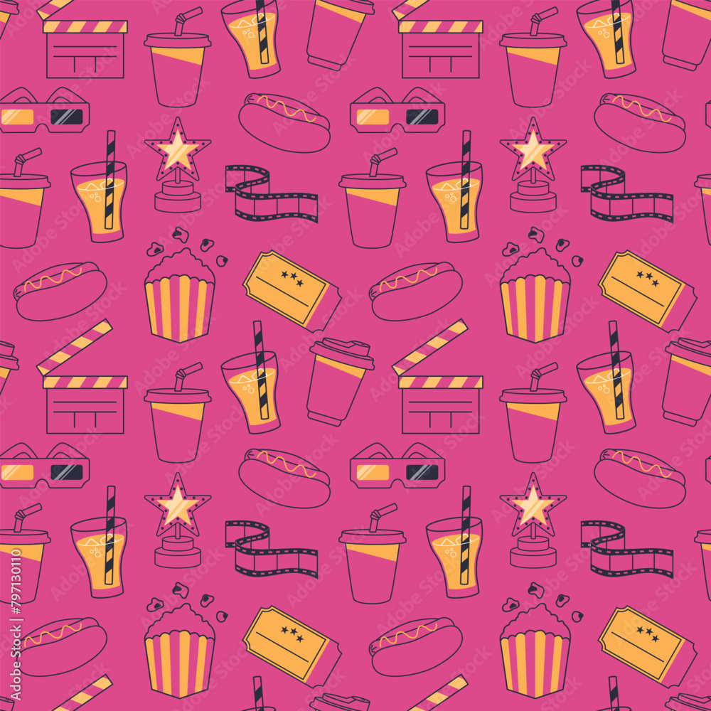 Cinema symbols seamless pattern on pink background Cinema symbols seamless pattern on pink background