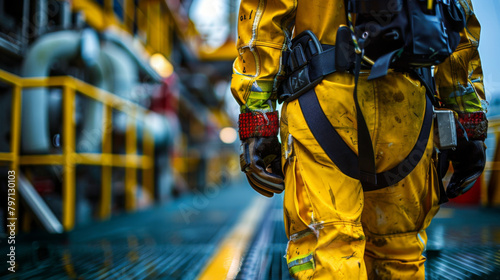 Rear view of a hazmat technician in protective gear with emergency equipment, ready for operation.