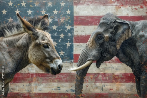 Elephant vs donkey political debate. Metaphor with Republicans and Democrats in US politics. photo