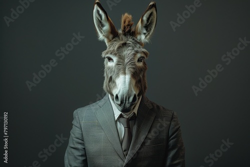 Anthropomorphic donkey in a suit. Metaphor for a politician from Democrats in the US Congress. Backdrop