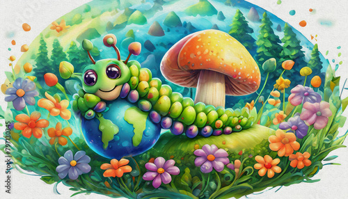 oil painting style CARTOON CHARACTER CUTE baby green caterpillar, cartoon, illustration, animal, colorful, joy, color, mushroms,  photo