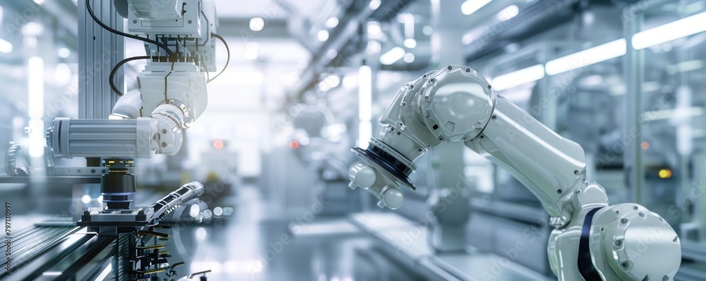 A sophisticated and modern robotic arm is operating inside the Electronics Factory A sophisticated and modern robotic arm is operating inside the Electronics Factory