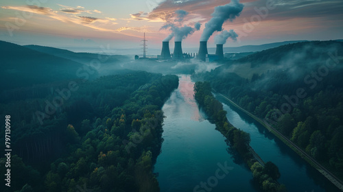 Power plant with cooling towers releasing steam into foggy sky above a tranquil river at dawn. photo