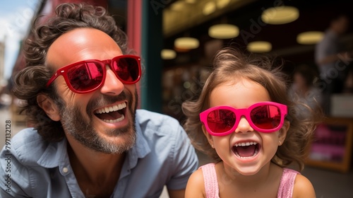 Joyful Father and Daughter Wearing Matching Red Sunglasses Sharing a Laugh on a Sunny Street.