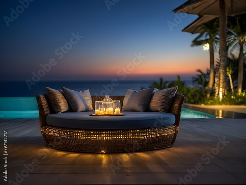 Sofa beside swimming pool in beach resort with beautiful night sky. Ai Generative. © Rizky Rahmat Hidayat