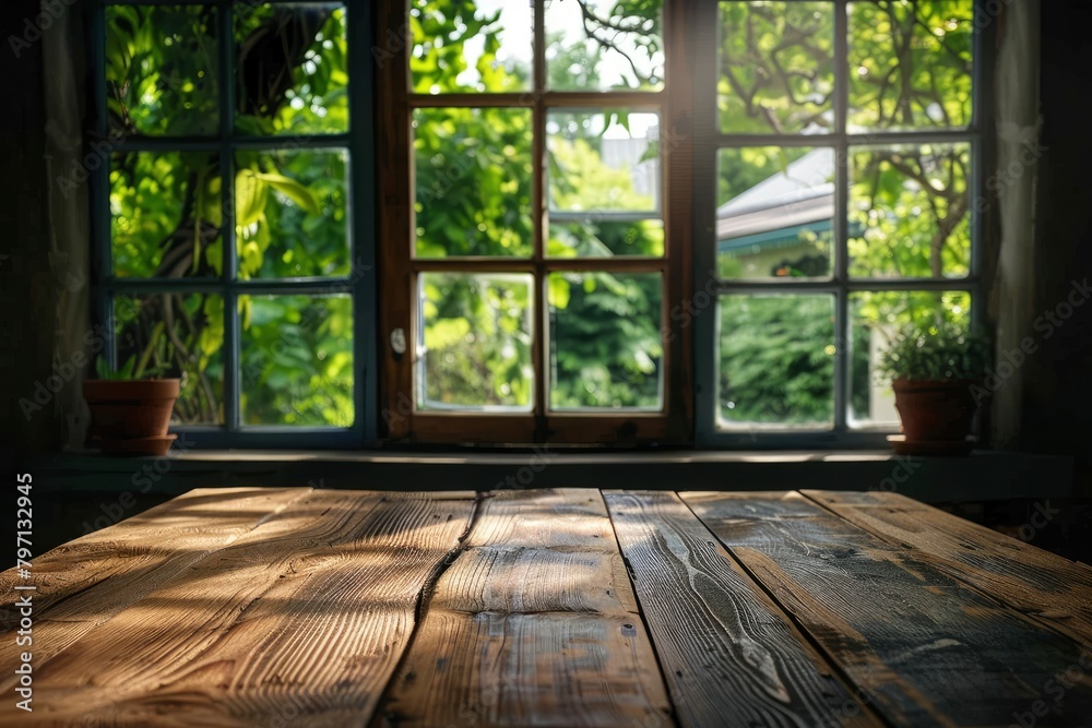 Table background of free space and window - generative ai Table background of free space and window - generative ai