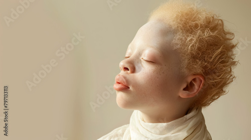 gentle portrait of a person with albinism for awareness and diversity inclusion in soft pastel tones
