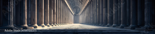 Majestic hall with tall, evenly-spaced columns, dramatic lighting, and a long, narrow pathway leading toward a vanishing point. photo