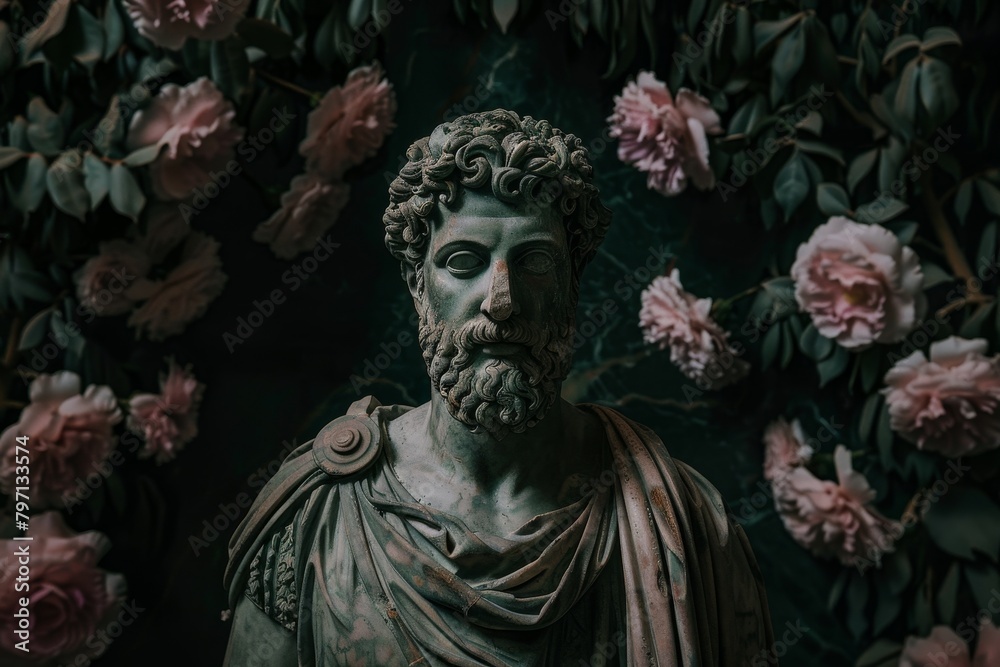 Ancient statue surrounded by lush roses in a moody setting