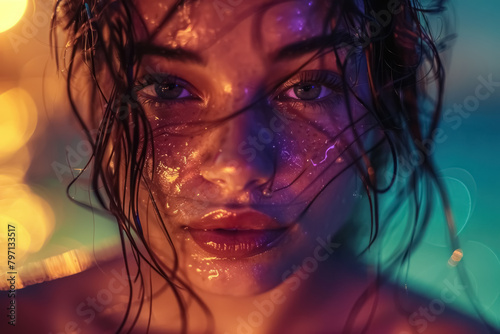 dramatic close-up portrait of a young woman with glistening skin against a backdrop of colorful night lights