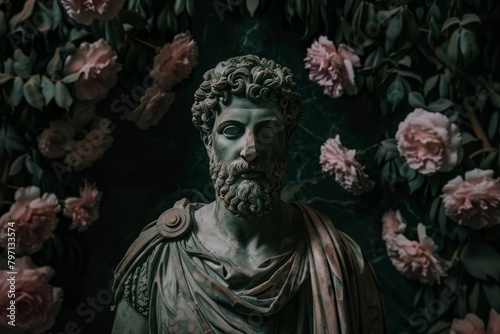 Ancient statue surrounded by lush roses in a moody setting