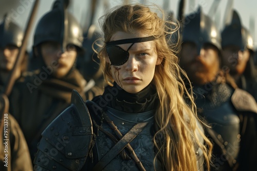Determined female warrior with an eye patch leading a group of medieval soldiers