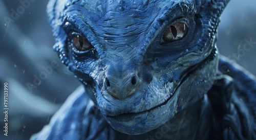 Close-up of a realistic blue reptilian alien under a light rain photo