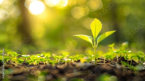 Young plant sprouting from soil with sunlight filtering through