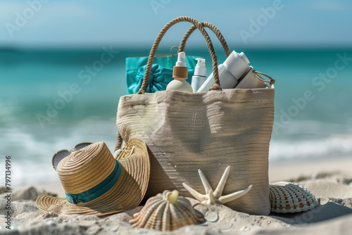 beach essentials with straw bag and seashells on sandy shore