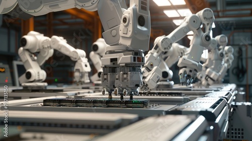 Advanced robotic arms assembling electronic components in a state-of-the-art manufacturing facility, showcasing high-tech production processes.